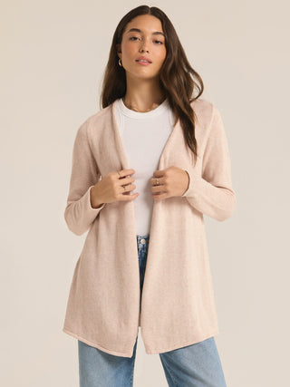 a soft light oatmeal draped long sleeve cardigan to layer