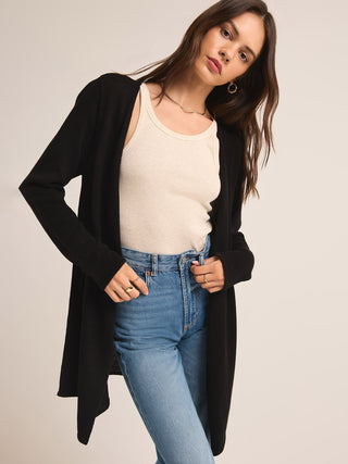 a soft black draped long sleeve cardigan to layer