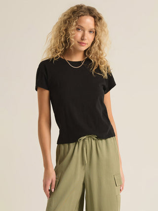 soft modern black crewneck slub tee with short sleeves