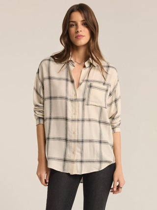 plaid black and cream button up long sleeve shirt