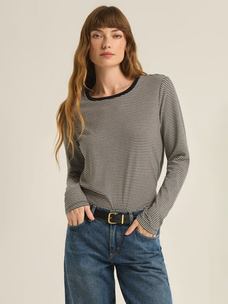 soft long sleeve black striped crewneck cotton top