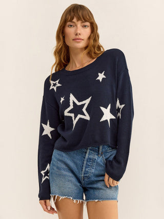  soft knit navy blue long sleeve sweater with festive white stars