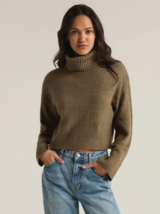 martini green colored long sleeve turtleneck sweater with ribbed detailing