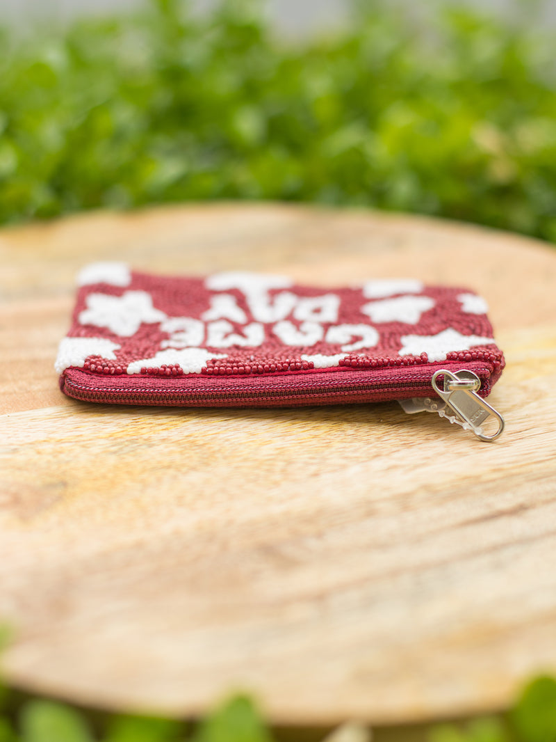 Burgundy and White Sequin Seed Bead Bag Strap